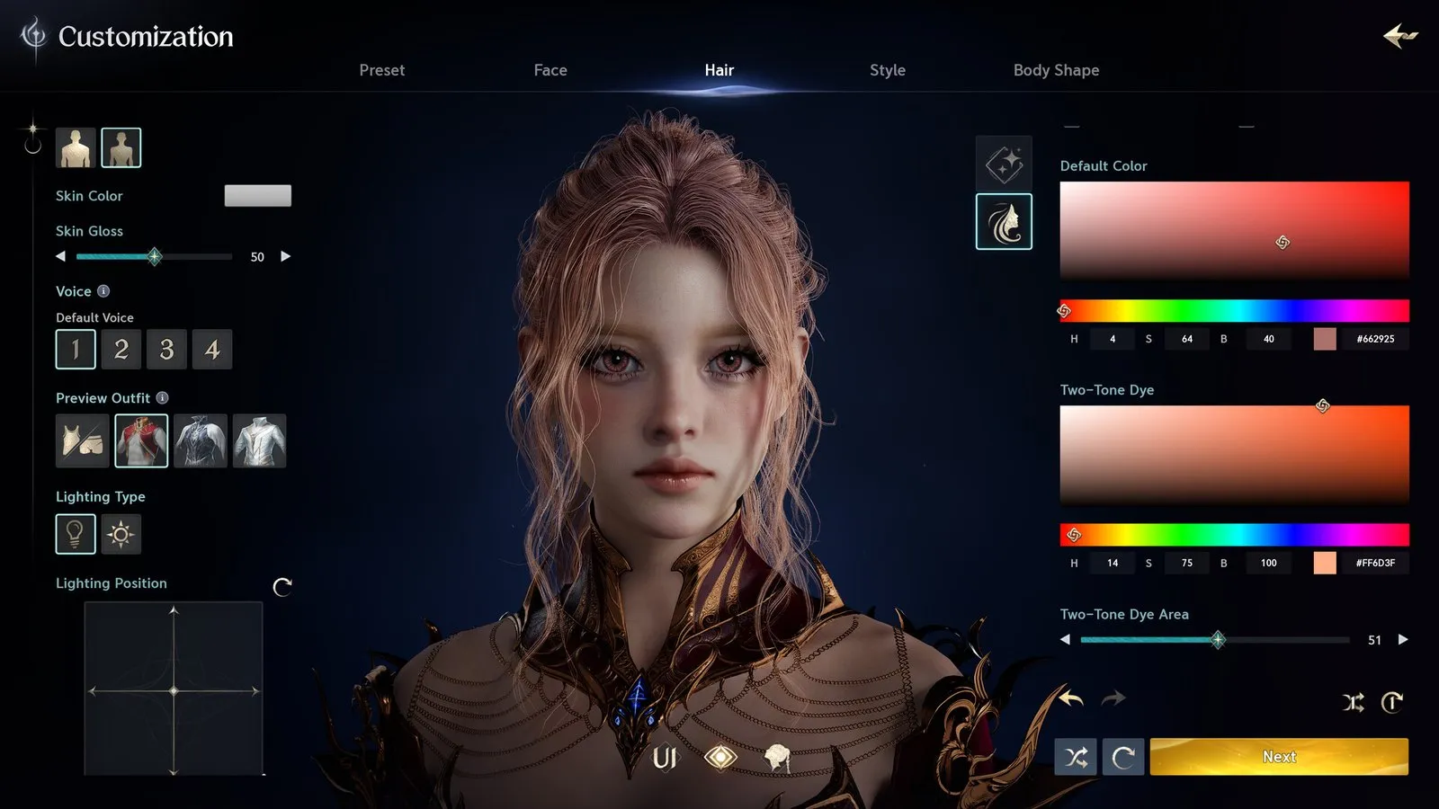 Official AION 2 screenshot of the character customisation screen with sliders and colour swatches