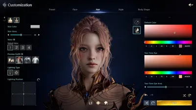 Official AION 2 screenshot of the character customisation screen with sliders and colour swatches