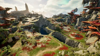 Official AION 2 screenshot of a rocky highland region seen from the air
