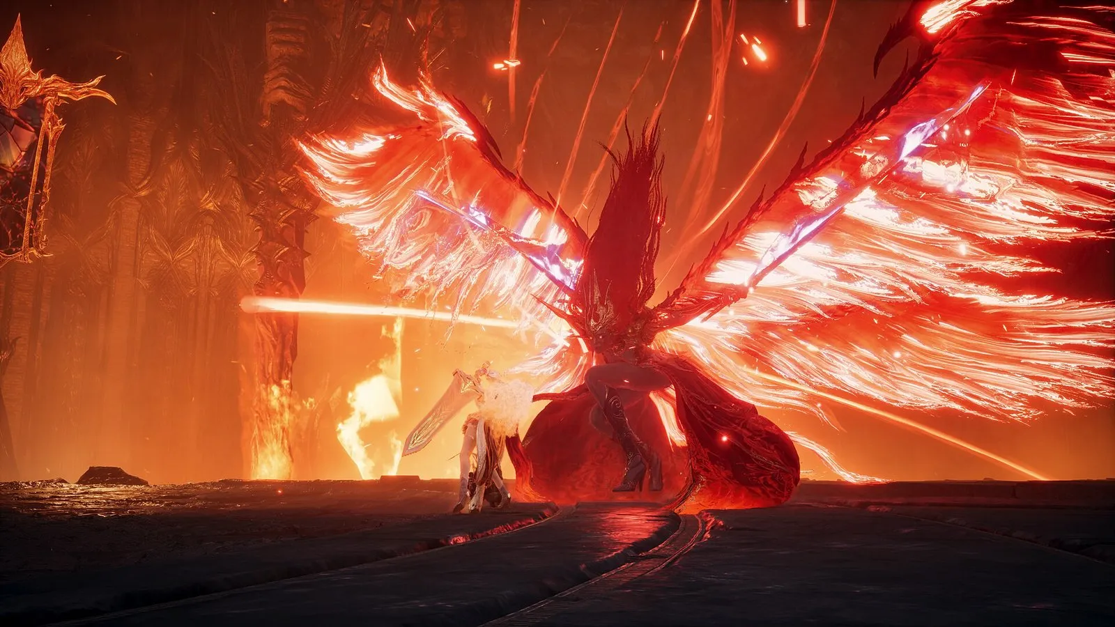 Official AION 2 screenshot of a character with blazing golden wings and a flame weapon