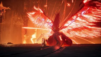 Official AION 2 screenshot of a character with blazing golden wings and a flame weapon