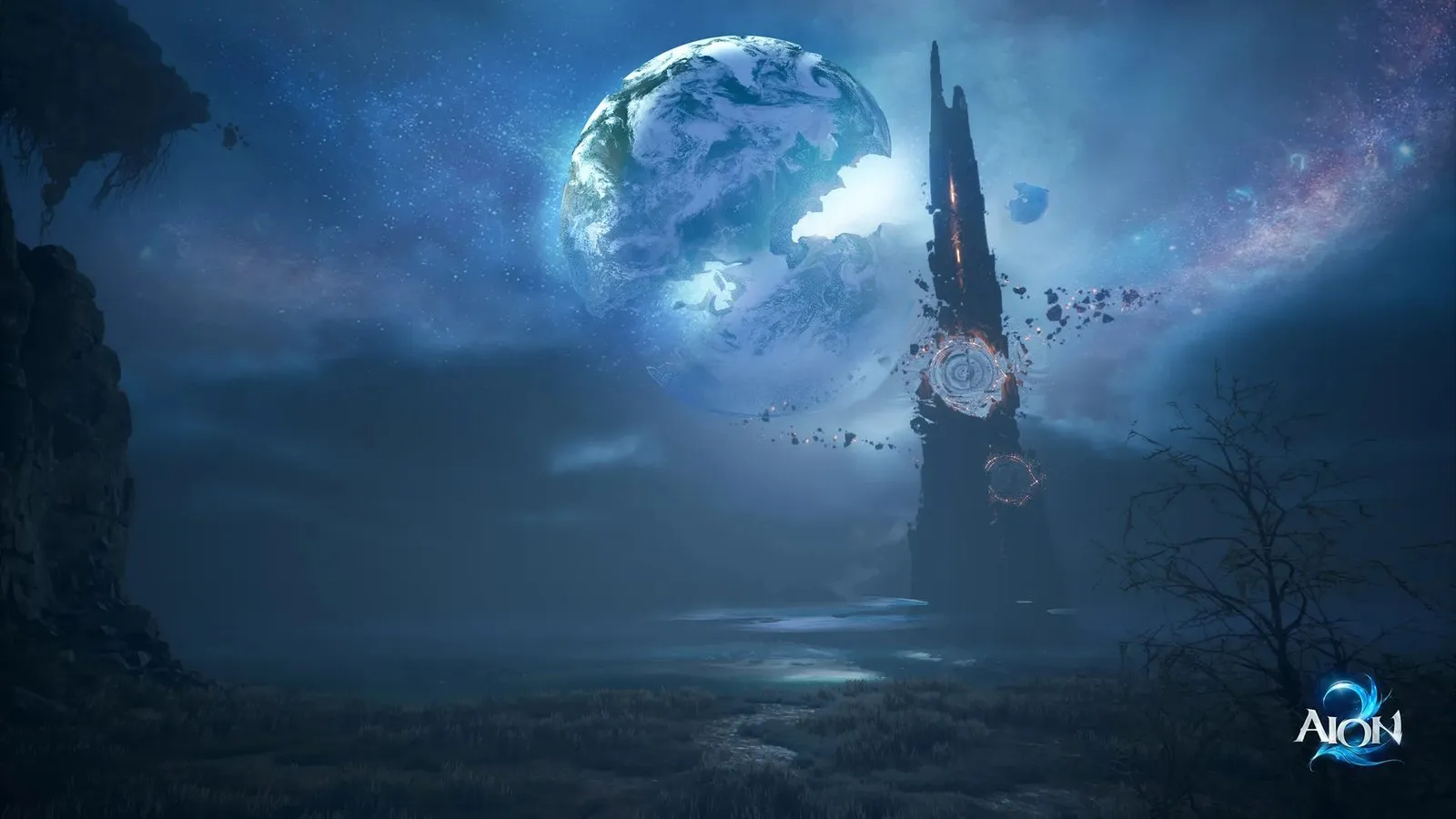 Official AION 2 key art of a floating fortress under a deep blue night sky