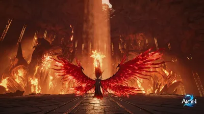 Official AION 2 key art of winged fighters over a red-lit canyon