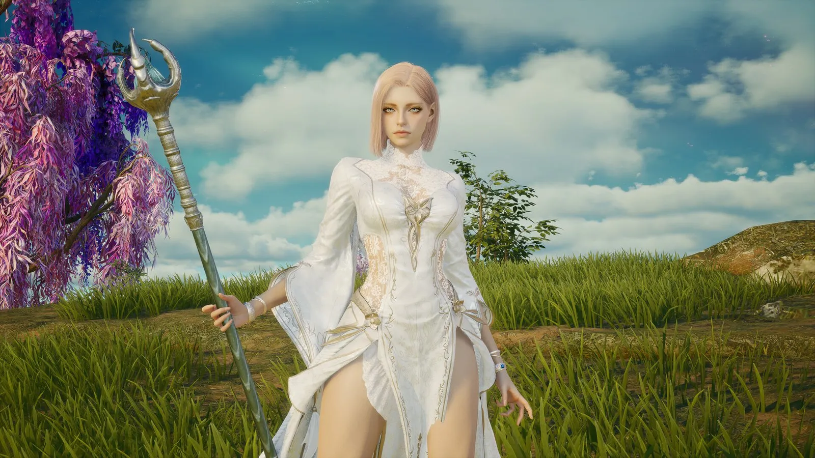 Official AION 2 screenshot of a caster holding a staff in an open field