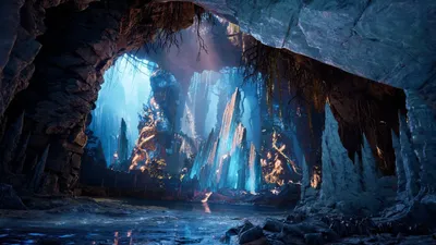 Official AION 2 screenshot of a detailed blue-lit crystal cavern