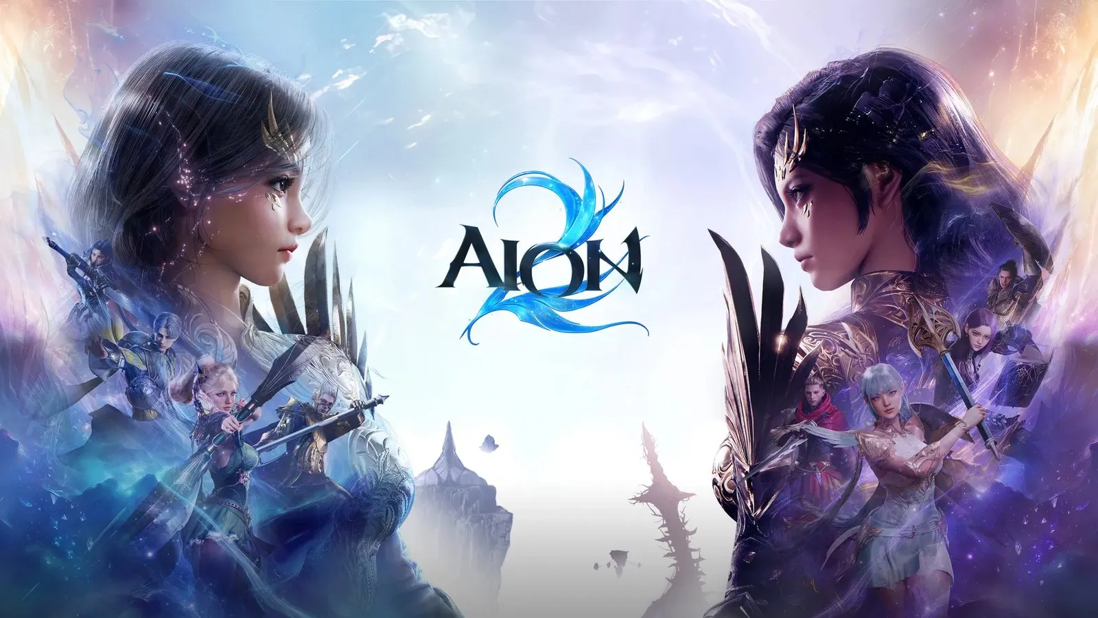 Official AION 2 wallpaper of two Daeva characters with the AION emblem between them